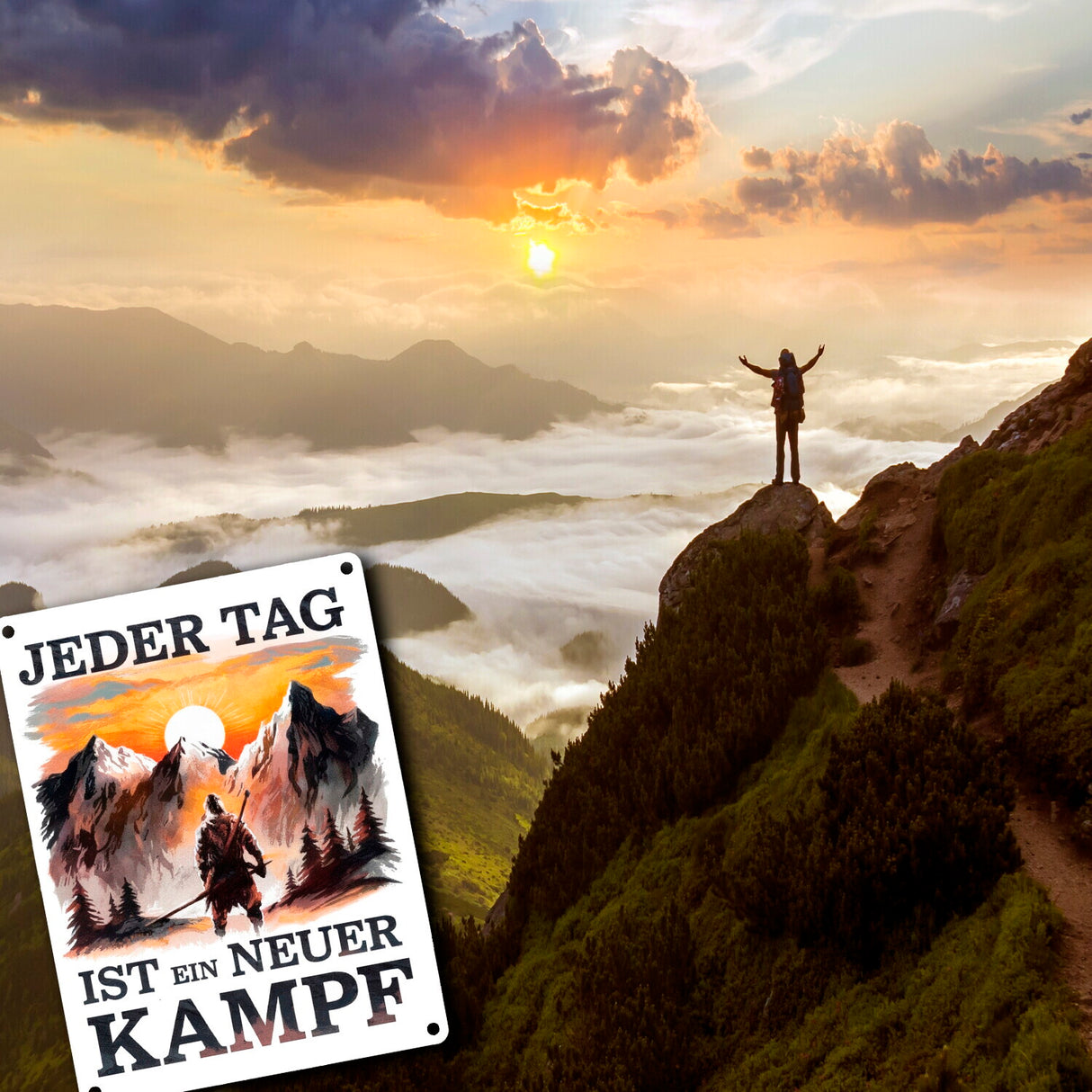 Jeder Tag ein neuer Kampf Metallschild in 15x20 cm - Berge im Sonnenuntergang