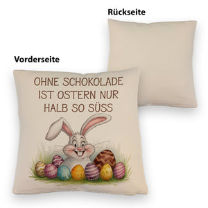 Fröhlicher Hase mit Ostereiern Kissen - Ostern ohne Schokolade halb so süß