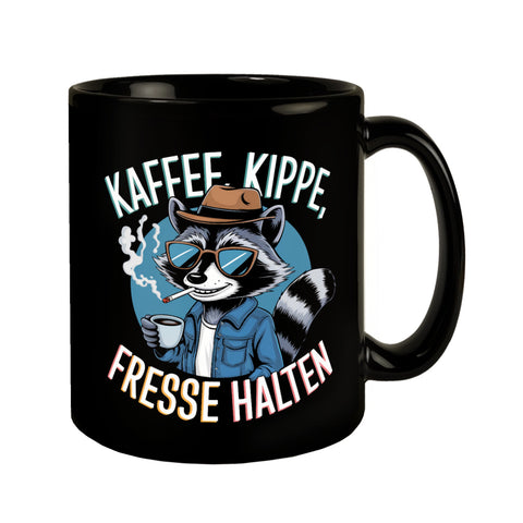 Kaffee, Kippe, Fresse Halten Tasse mit coolem Waschbär