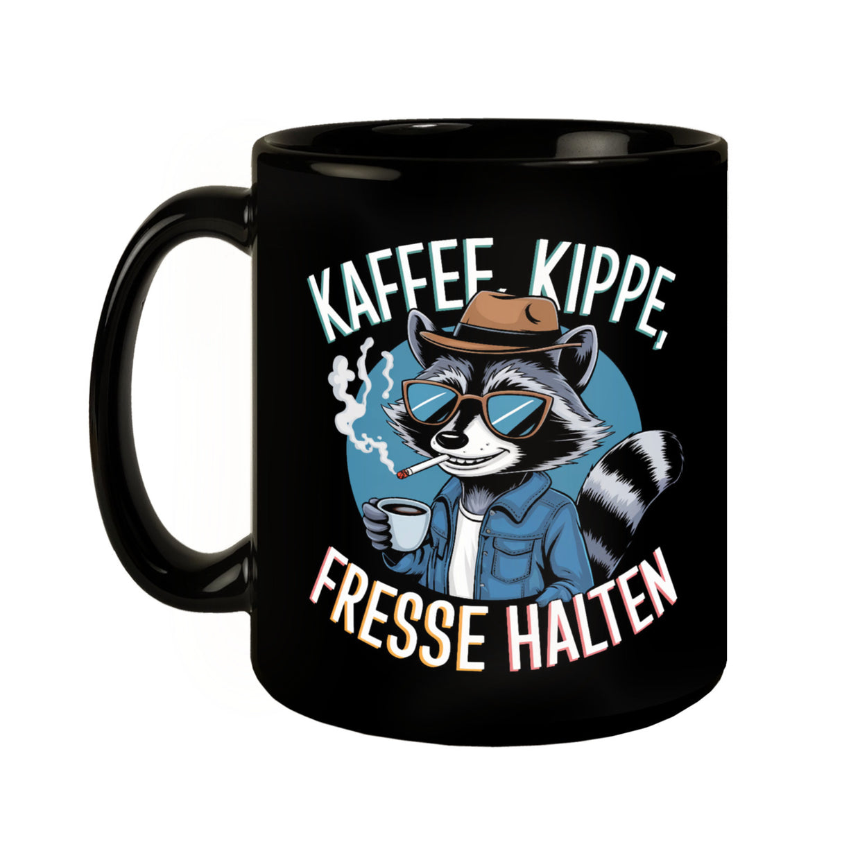 Kaffee, Kippe, Fresse Halten Tasse mit coolem Waschbär