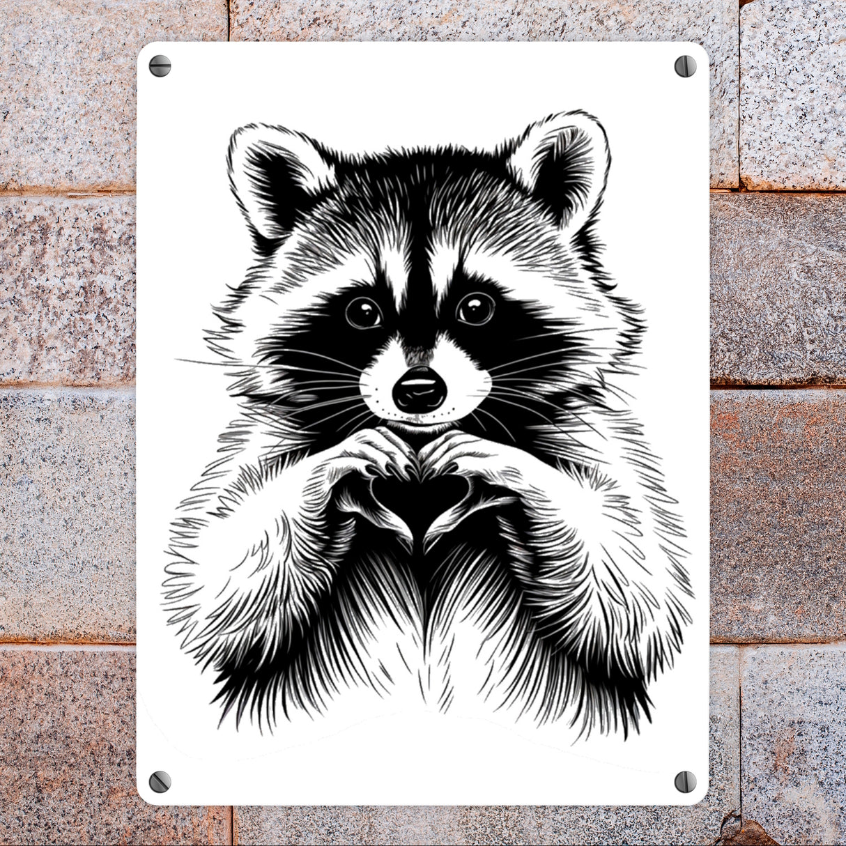 Waschbär zeigt Herz Metallschild in 15x20 cm für Tierliebhaber