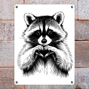 Waschbär zeigt Herz Metallschild in 15x20 cm für Tierliebhaber