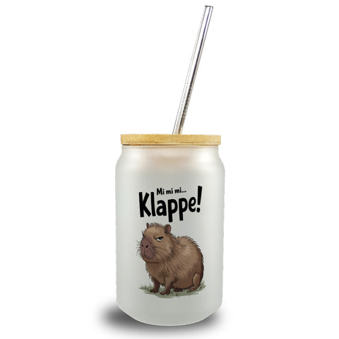 Mi mi mi... Klappe! Grimmiges Cabybara Trinkglas mit Bambusdeckel