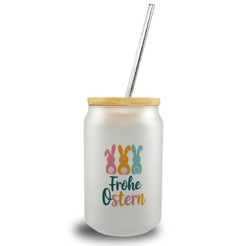 Frohe Ostern Hasen Trinkglas mit Bambusdeckel für Osterdeko