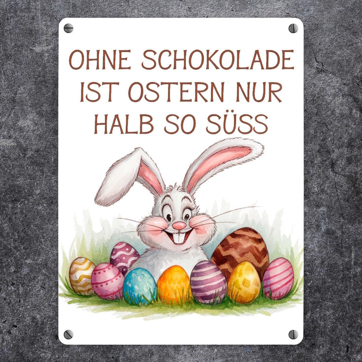 Fröhlicher Hase mit Ostereiern Metallschild in 15x20 cm - Ostern ohne Schokolade halb so süß