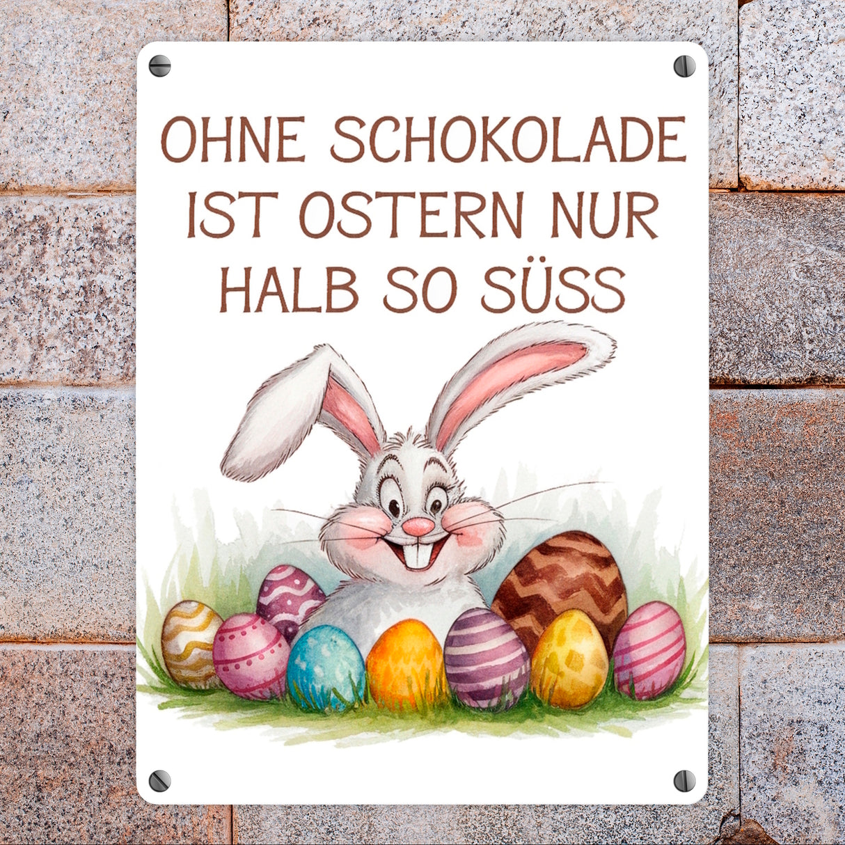 Fröhlicher Hase mit Ostereiern Metallschild in 15x20 cm - Ostern ohne Schokolade halb so süß