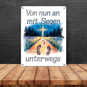 Mit Segen unterwegs Metallschild in 15x20 cm - Segenstrahlendes Kreuz