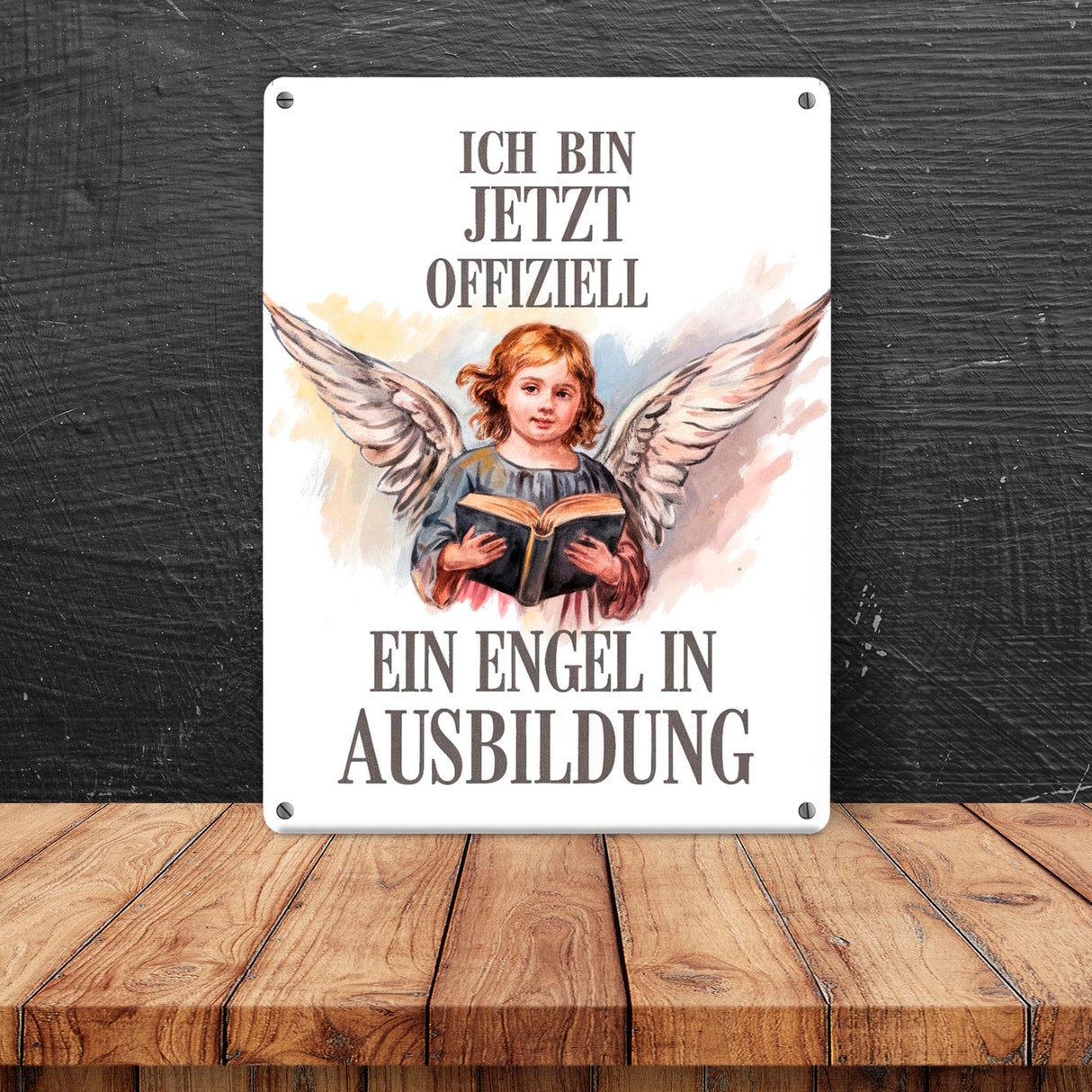 Engel in Ausbildung Metallschild in 15x20 cm - Kind mit Engelsflügeln