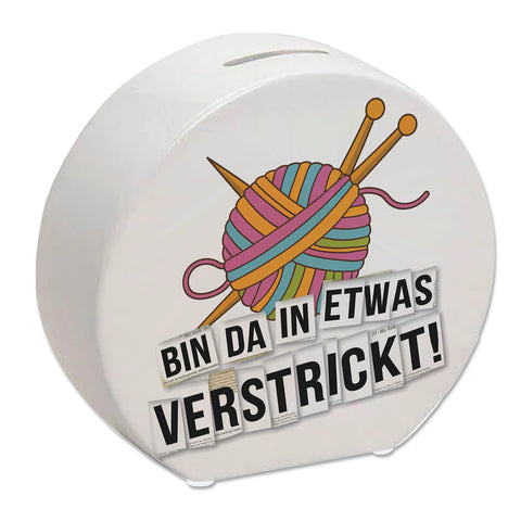 Bin da in etwas verstrickt Spardose mit Wolle und Stricknadeln