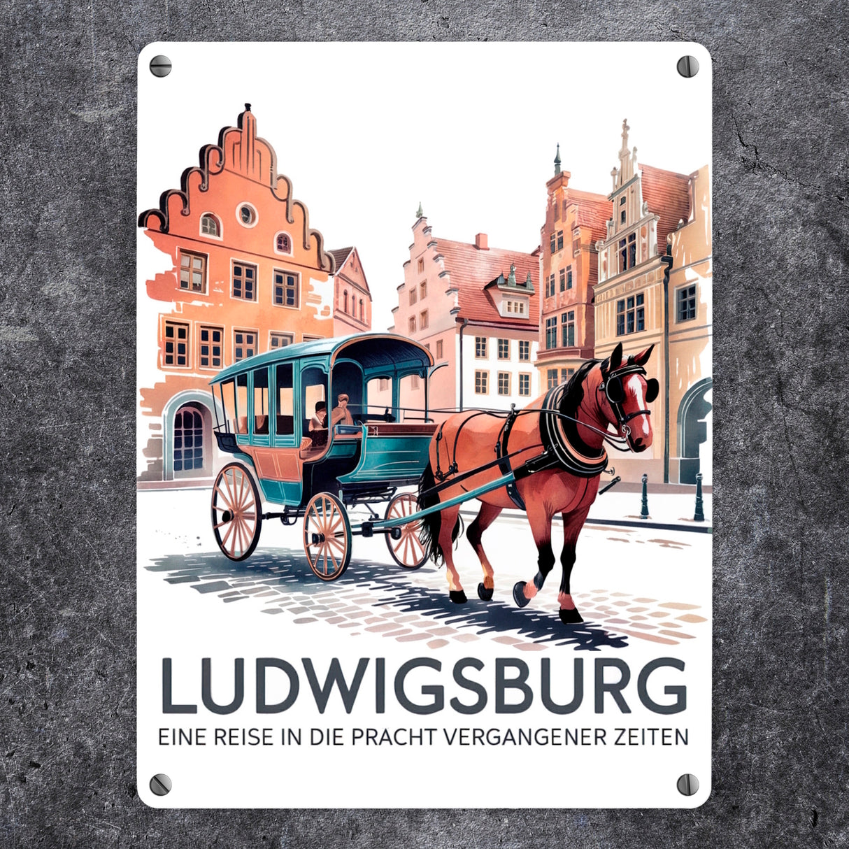 Ludwigsburg Reise Metallschild in 15x20 cm Pferdekutsche auf Kopfsteinpflaster