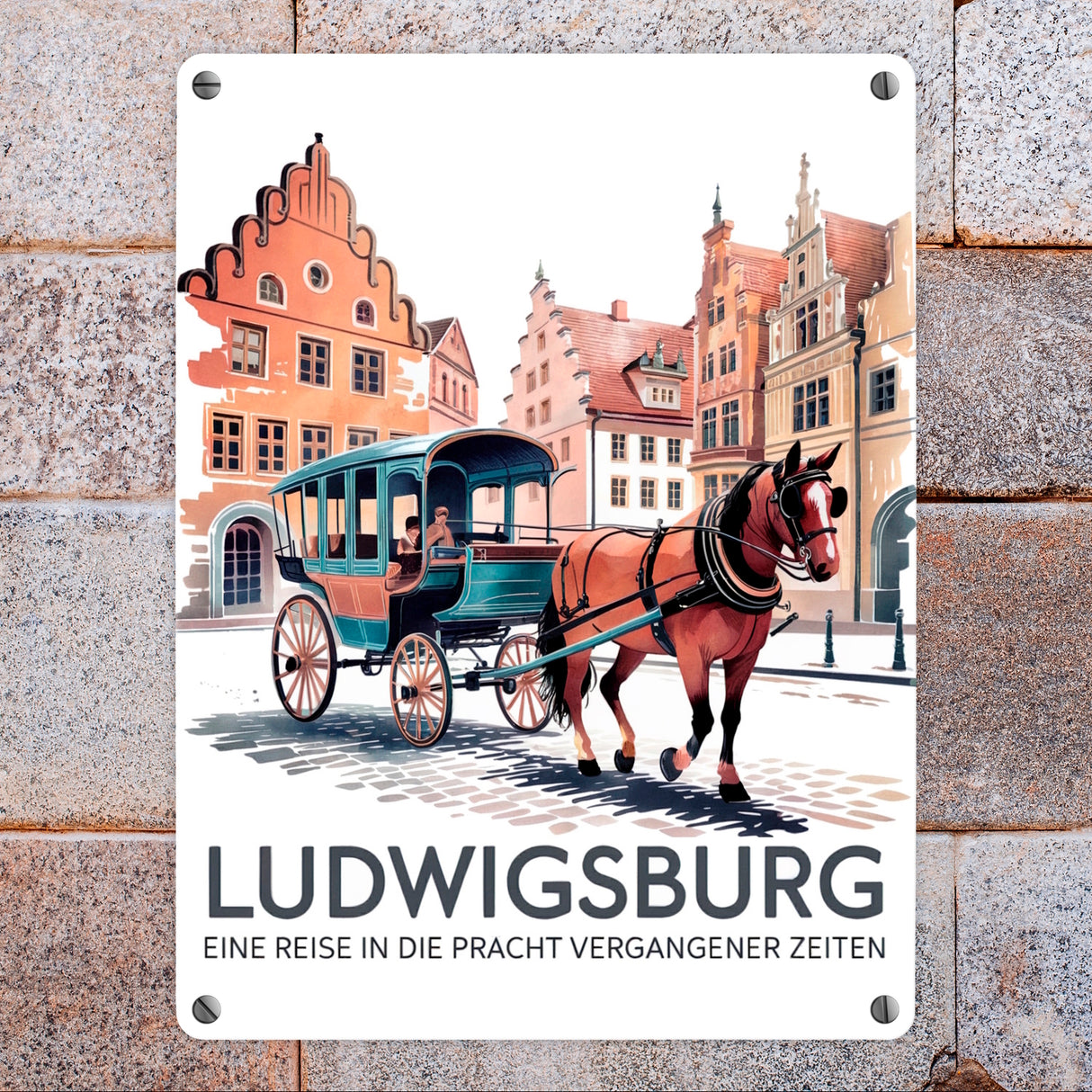 Ludwigsburg Reise Metallschild in 15x20 cm Pferdekutsche auf Kopfsteinpflaster