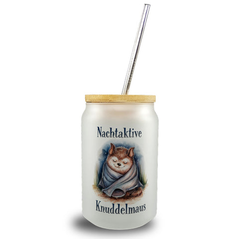 Nachtaktive Knuddelmaus Trinkglas mit Bambusdeckel Kuschelige Fledermaus