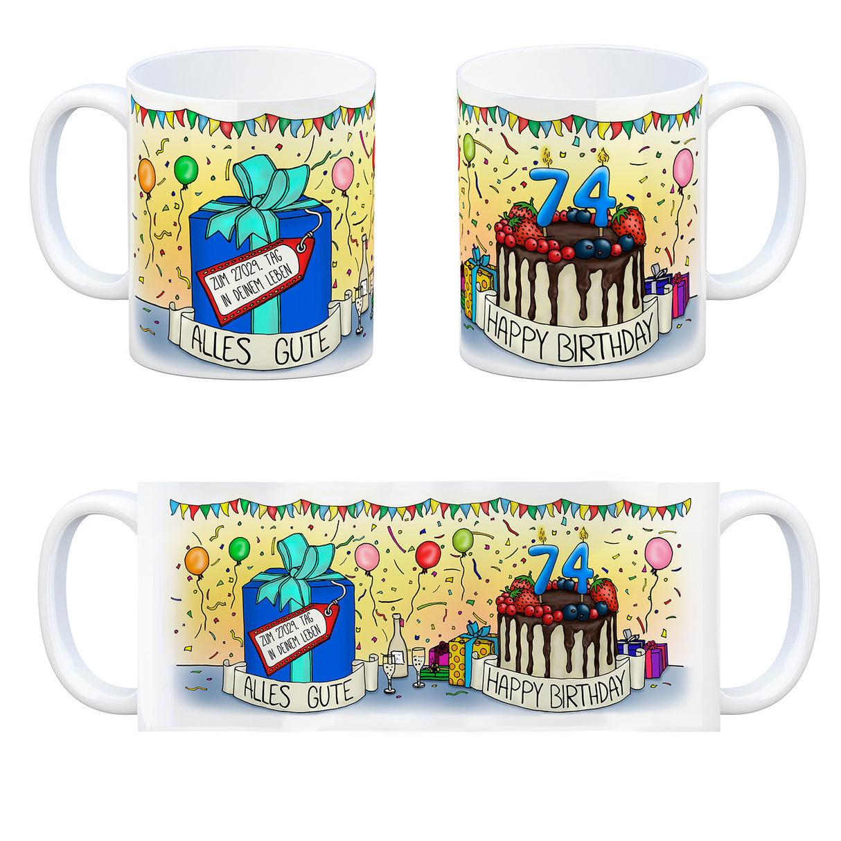 74. Geburtstag Tasse mit Kuchen und Geschenk und Anhänger: zum 27029. Tag