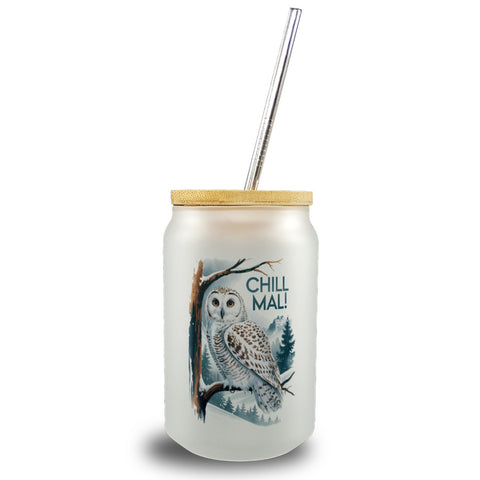 Chill mal Trinkglas mit Bambusdeckel Schneeeule auf Ast