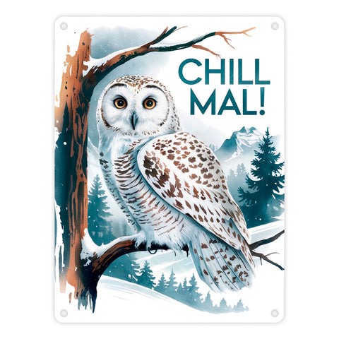 Chill mal Metallschild in 15x20 cm Schneeeule auf Ast