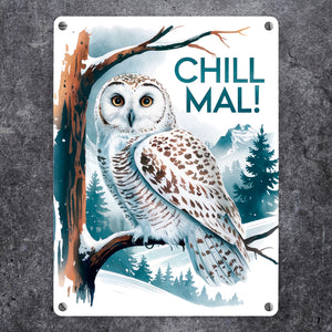 Chill mal Metallschild in 15x20 cm Schneeeule auf Ast