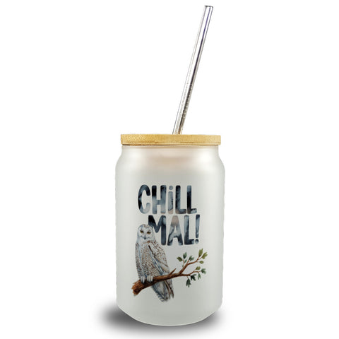 Entspannte Schneeeule Chill mal Trinkglas mit Bambusdeckel