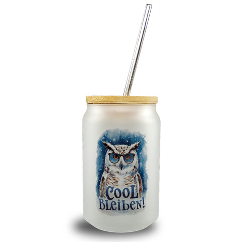 Cool bleiben Trinkglas mit Bambusdeckel Schneeeule mit Sonnenbrille