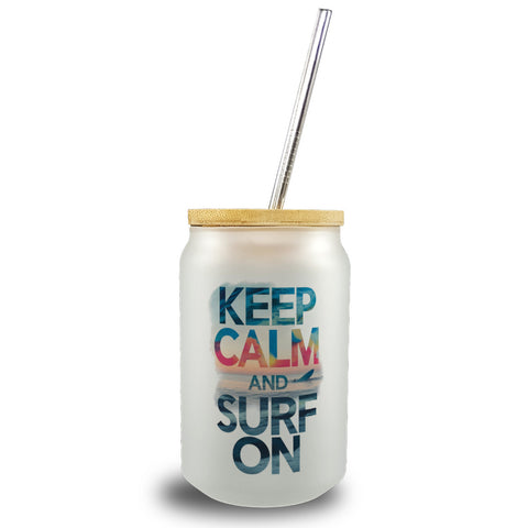 Surfer auf Welle Keep Calm and surf on Trinkglas mit Bambusdeckel
