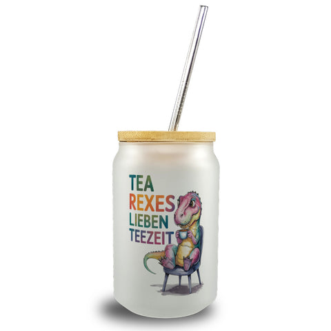 Tea rexes lieben Teezeit Trinkglas mit Bambusdeckel