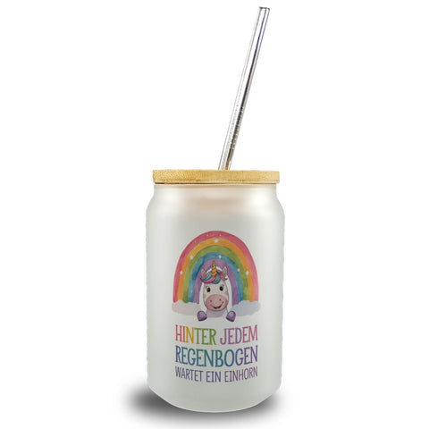 Lächelndes Einhorn Trinkglas mit Bambusdeckel Hinter jedem Regenbogen