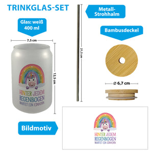 Lächelndes Einhorn Trinkglas mit Bambusdeckel Hinter jedem Regenbogen