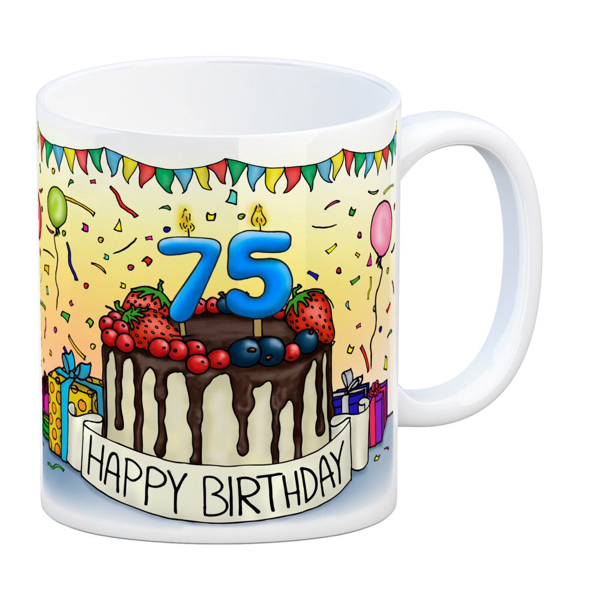 75. Geburtstag Tasse mit Kuchen und Geschenk und Anhänger: zum 27394. Tag