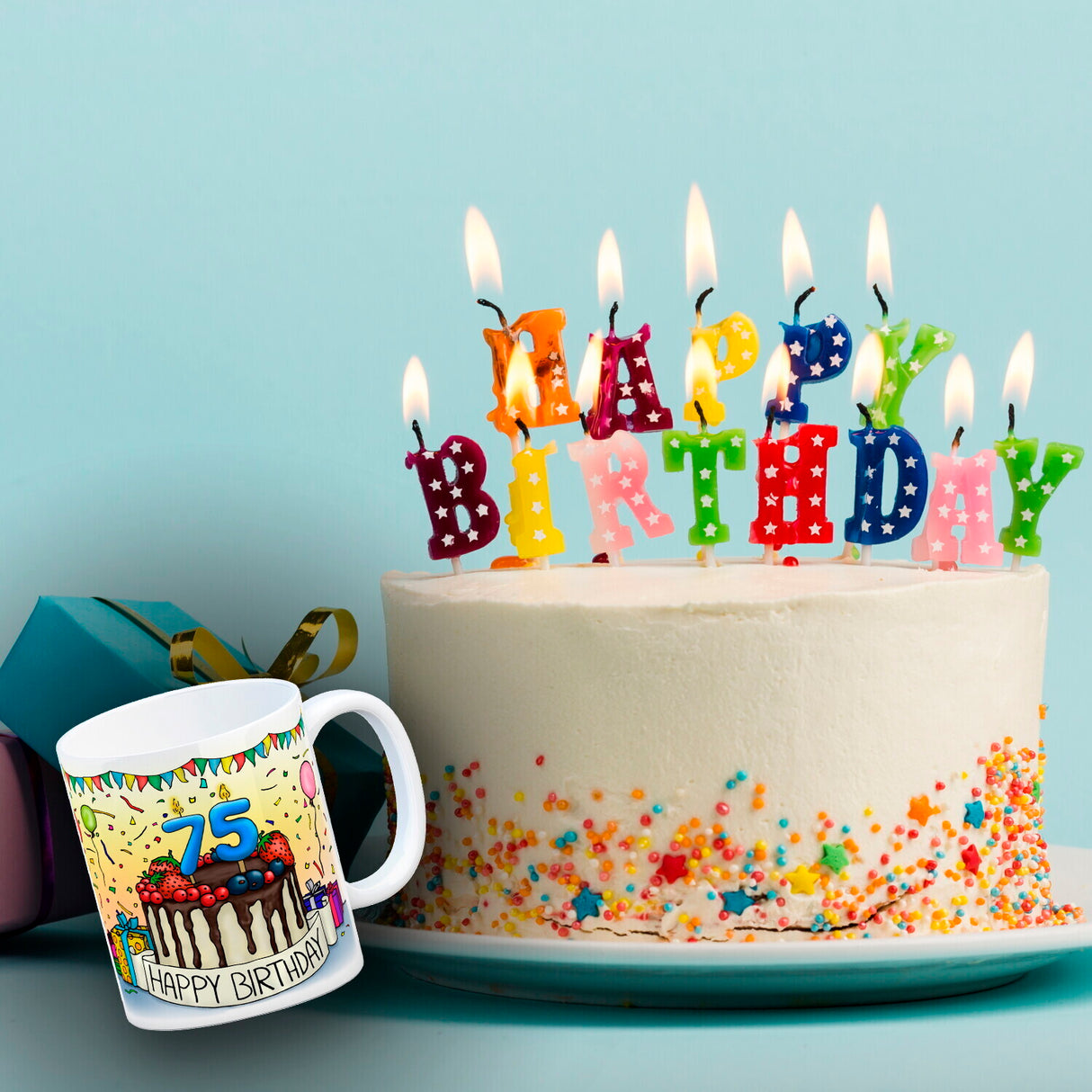 75. Geburtstag Tasse mit Kuchen und Geschenk und Anhänger: zum 27394. Tag