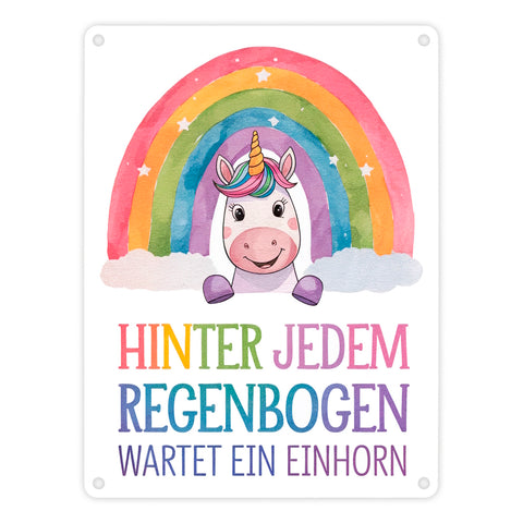 Lächelndes Einhorn Metallschild in 15x20 cm Hinter jedem Regenbogen