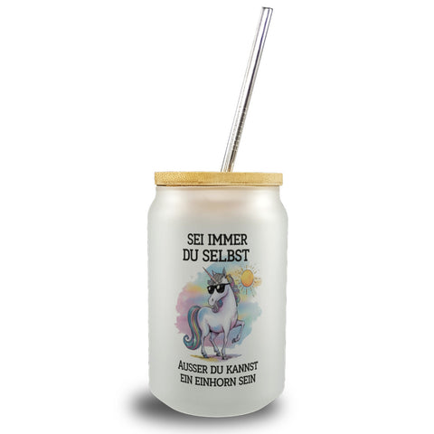 Einhorn mit Sonnenbrille Trinkglas mit Bambusdeckel Sei ein Einhorn