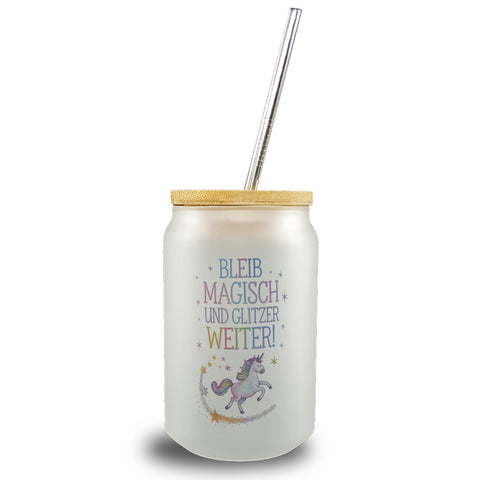 Einhorn mit Regenbogenmähne Trinkglas mit Bambusdeckel Bleib magisch, glitzer weiter