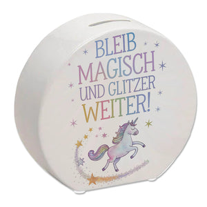 Einhorn mit Regenbogenmähne Spardose Bleib magisch, glitzer weiter