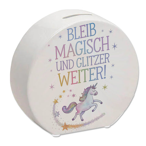 Einhorn mit Regenbogenmähne Spardose Bleib magisch, glitzer weiter