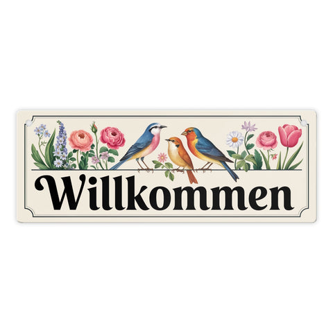 Vögel und Blumen Willkommen Metallschild - Frühling
