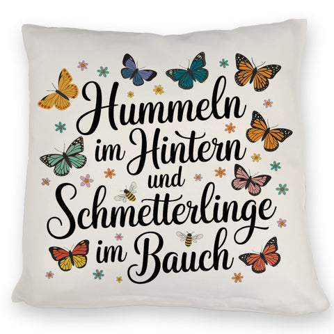 Frühlingsspruch Kissen mit Hummeln und Schmetterlingen