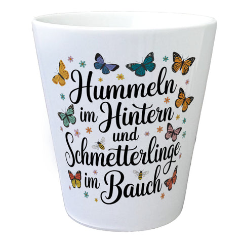 Frühlingsspruch Blumentopf mit Hummeln und Schmetterlingen