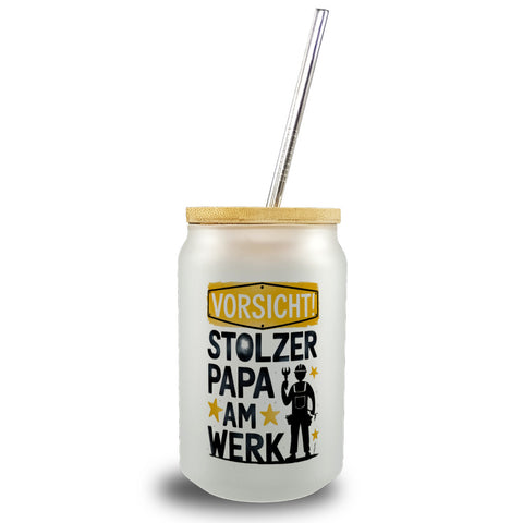 Vorsicht! Stolzer Papa am Werk Trinkglas mit Bambusdeckel