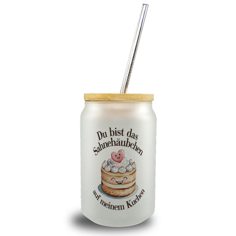Du bist das Sahnehäubchen Trinkglas mit Bambusdeckel Kuchen mit Sahnehäubchen