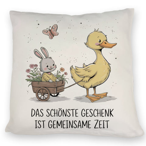 Schöne gemeinsame Zeit Kissen Ente Kaninchen Blütenwagen