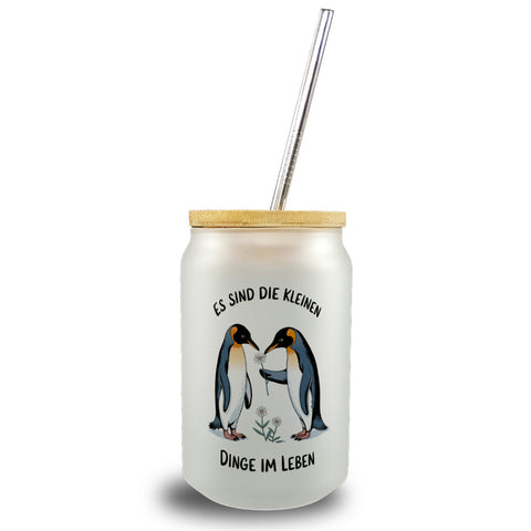 Pinguine Blumen - Es sind die Kleinen Dinge Trinkglas mit Bambusdeckel