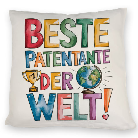 Beste Patentante der Welt Kissen goldener Pokal Globus