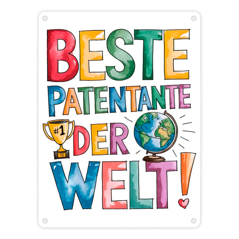 Beste Patentante der Welt Metallschild in 15x20 cm goldener Pokal Globus