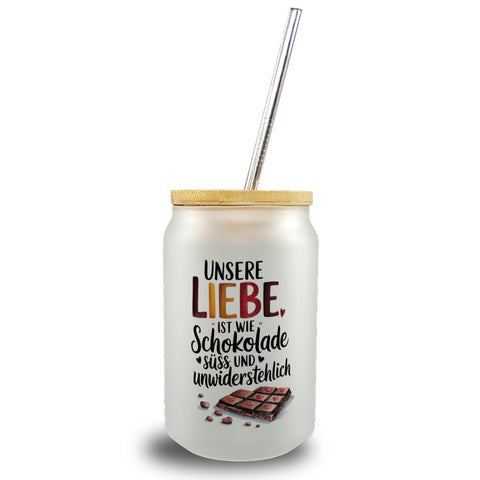 Liebe ist wie Schokolade Trinkglas mit Bambusdeckel Schokoladentafel