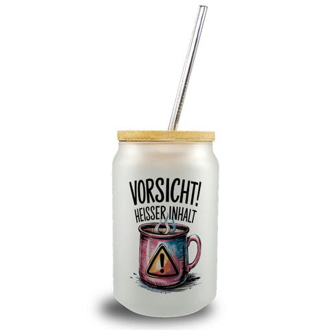 Dampfende Tasse Vorsicht Heißer Inhalt Trinkglas mit Bambusdeckel