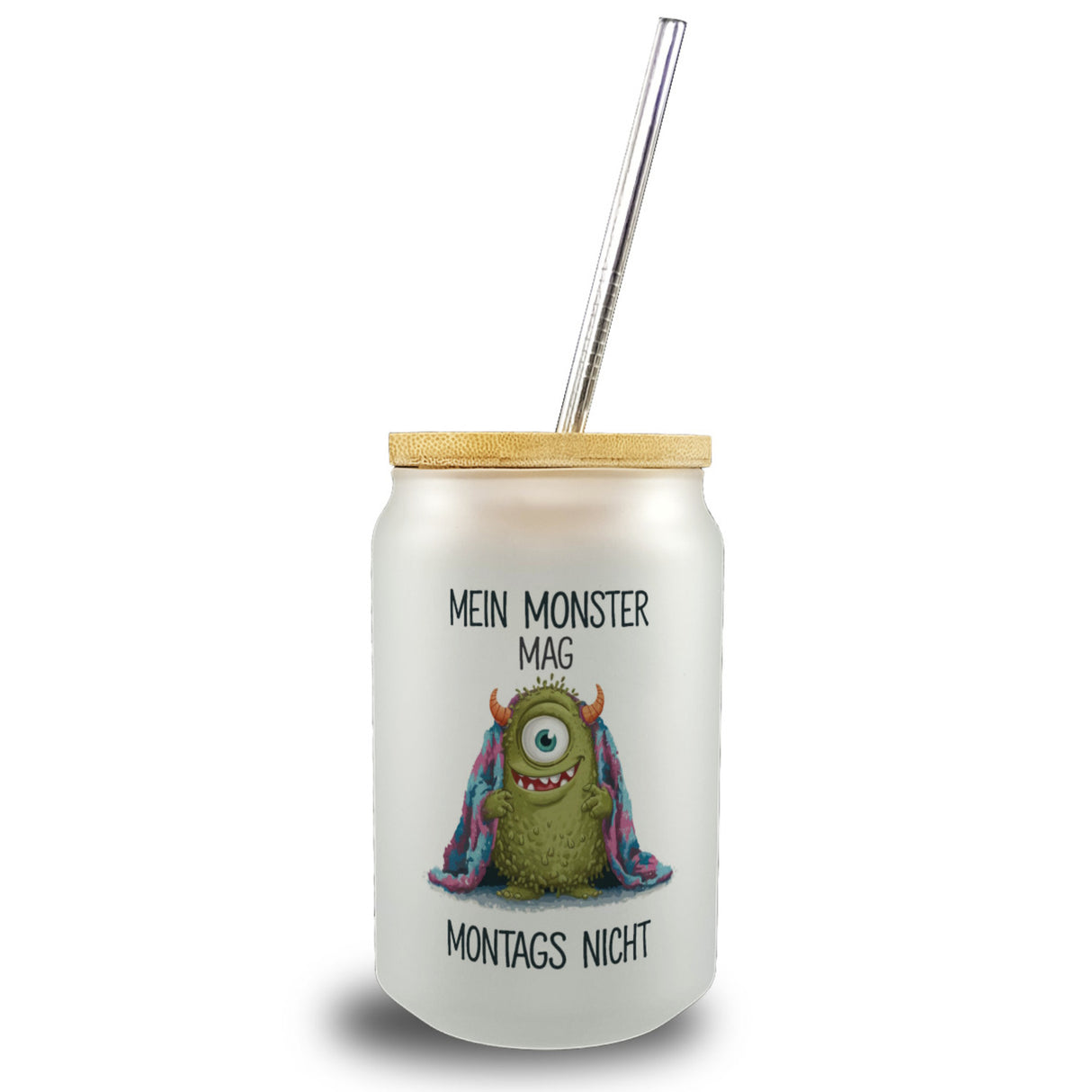 Grünes Monster mit Decke Montagsmuffel Trinkglas mit Bambusdeckel