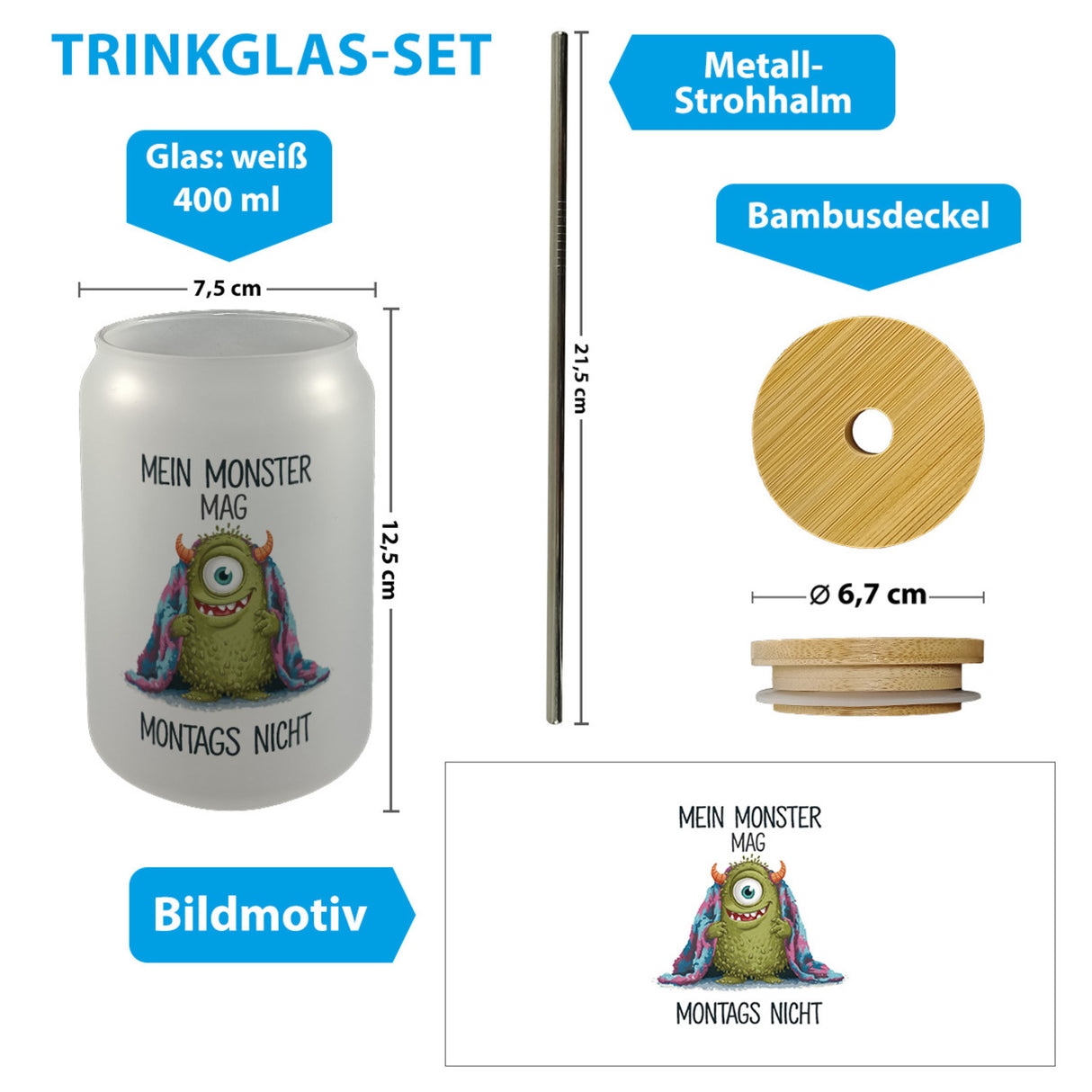 Grünes Monster mit Decke Montagsmuffel Trinkglas mit Bambusdeckel