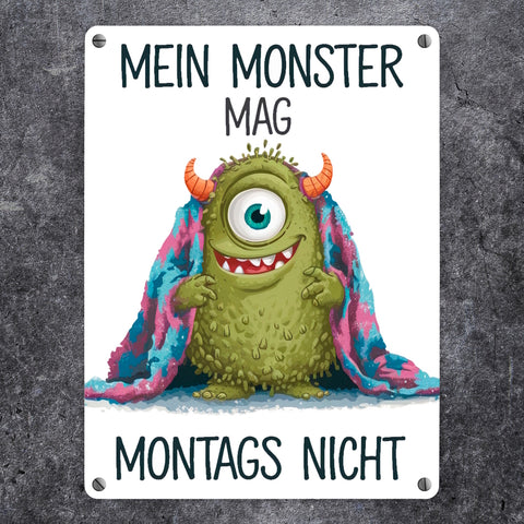 Grünes Monster mit Decke Montagsmuffel Metallschild in 15x20 cm