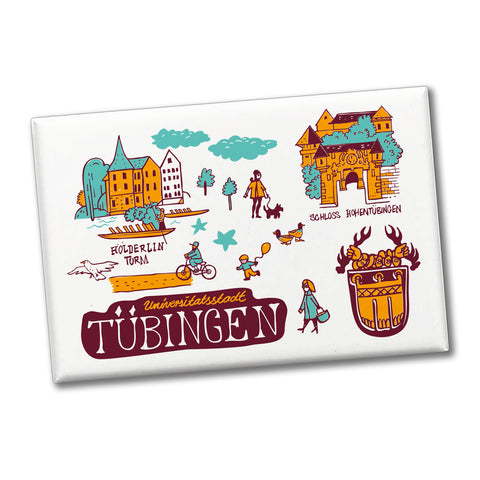Tübingen Wimmelgrafik Souvenier Souvenir Magnet Hohentübingen und Hölderlin Turm