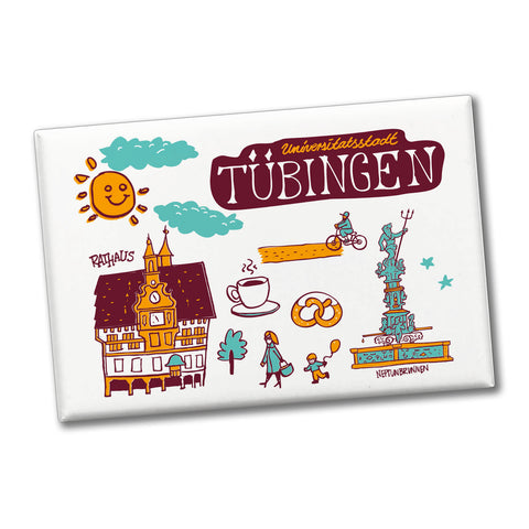 Tübingen Wimmelgrafik Souvenier Souvenir Magnet Rathaus und Neptunbrunnen