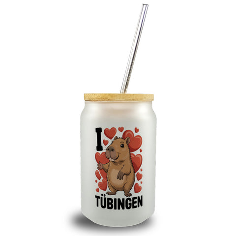 I love Tübingen Capybara Trinkglas mit Bambusdeckel